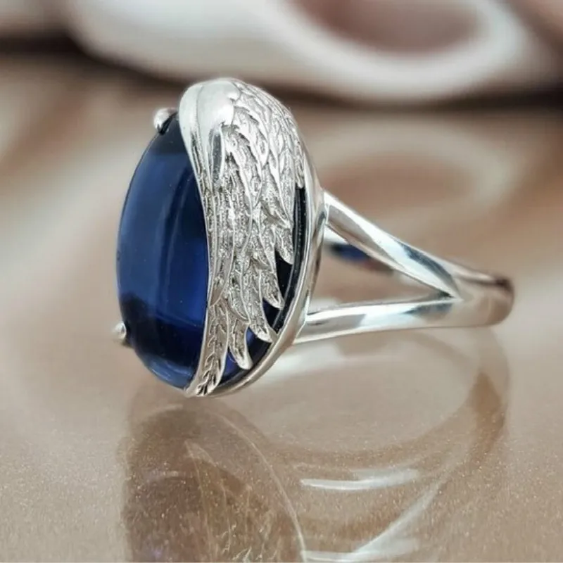 

New Fashion Simple Angel Wing Eternity Silver Ring for Women Elegant Round Cut Big Blue Zircon Rings Luxury Charm Trendy Jewelry