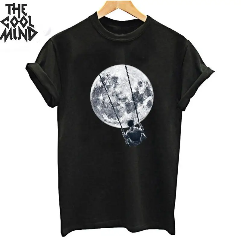 MO0155ZCM-BLK COOLMIND, хлопок, космическая, короткий рукав, принт, женская футболка, повседневная, крутая, женская футболка с круглым вырезом, женские футболки - Цвет: MO0155ZCM-BLK