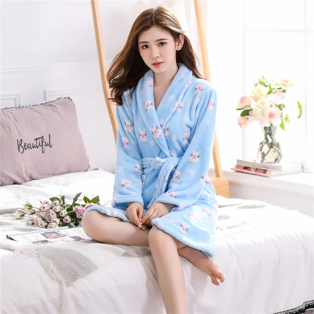 

Cute Cartoon Blue Women Winter Flannel Homewear Kimono Robe Gown Comfortable Keep Warm Sleepwear Nightgown Plus Size Bath Gown
