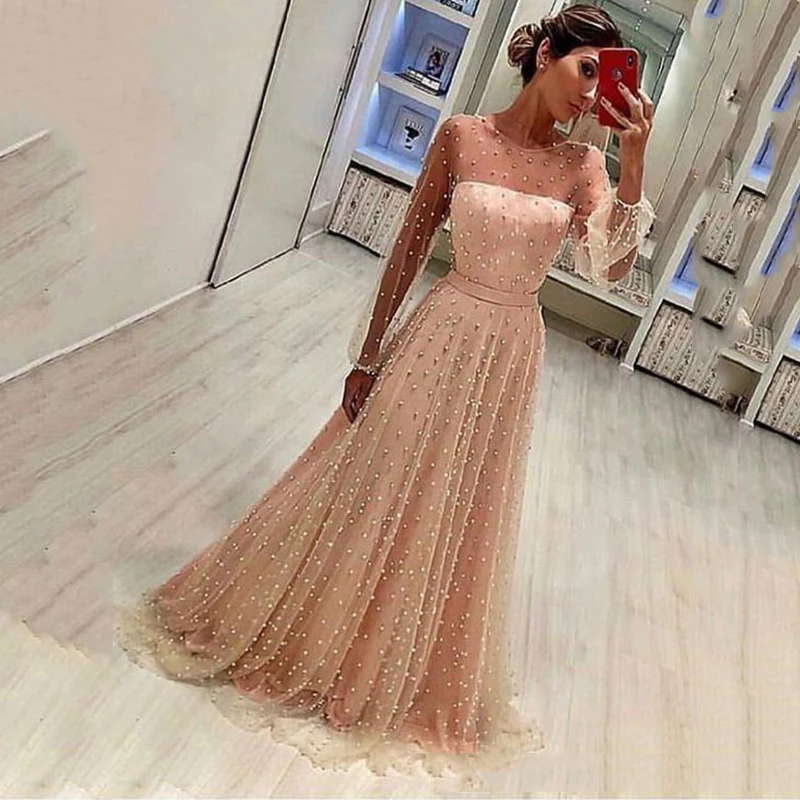 

Luxury Pearls Full Body Prom Pageant Dresses Long 2020 Hollow Back Elegant Formal Long Evening Dress Party Gowns robe de soiree