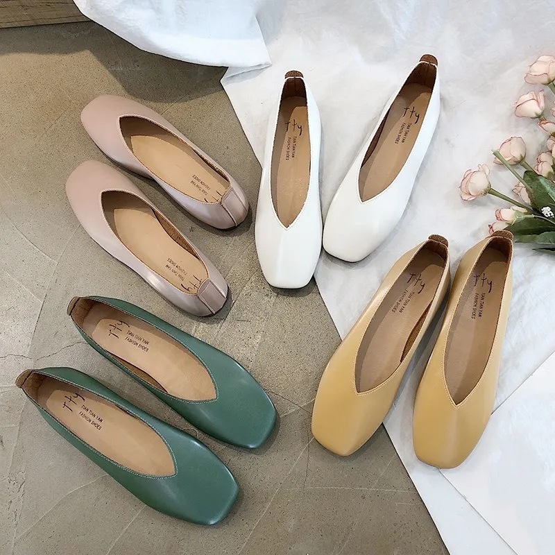 Cheap EOEODOIT Casual Flat Heel Shoes Square Toe Leather Ballet Flats Slip On Summer Autumn Women Sneakers Retro Female Shoes