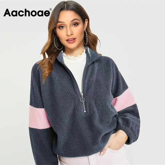 US $8.98 Fashion Patchwork Fleece Sweatshirts 2020 Autumn Winter Warm Hoodies For Women Casual Long Sleeve Z
