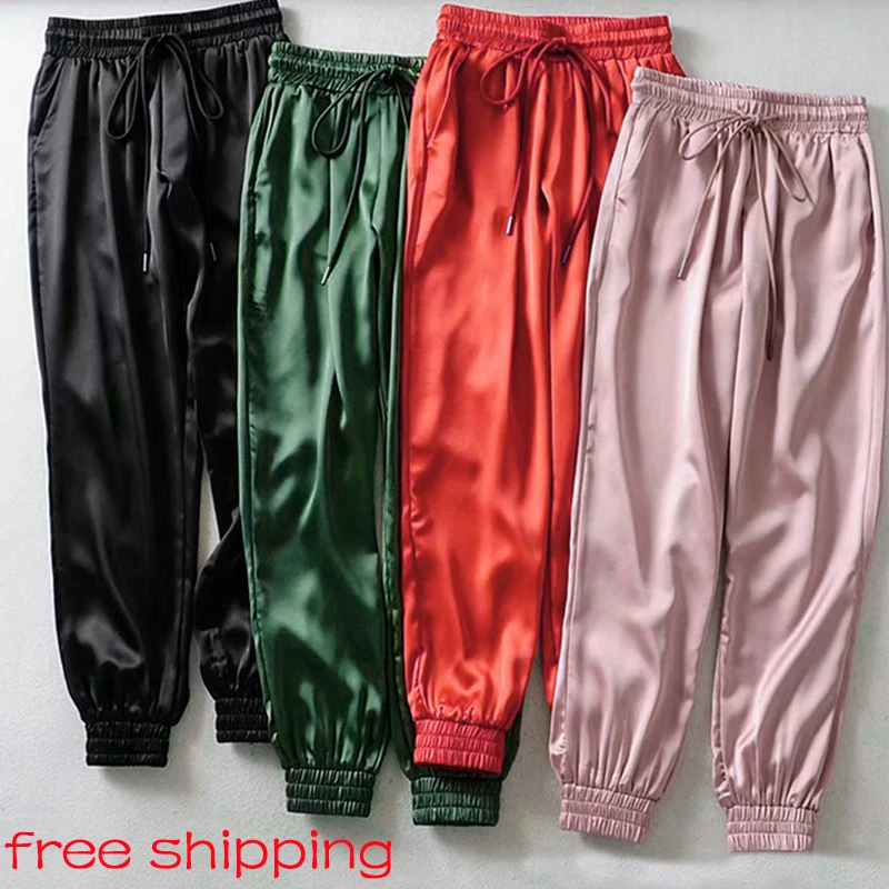 Pantalones de chándal de satén para mujer, Pantalón Cargo, con cordón, holgados e informales, para correr, para verano, 2021