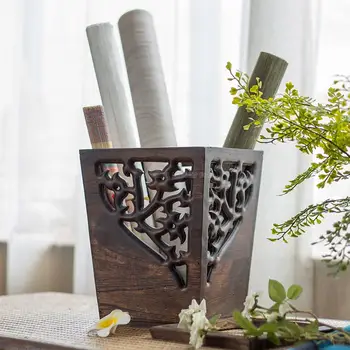 

Retro creative wooden trash can home living room bedroom kitchen new Chinese solid wood trash no cover