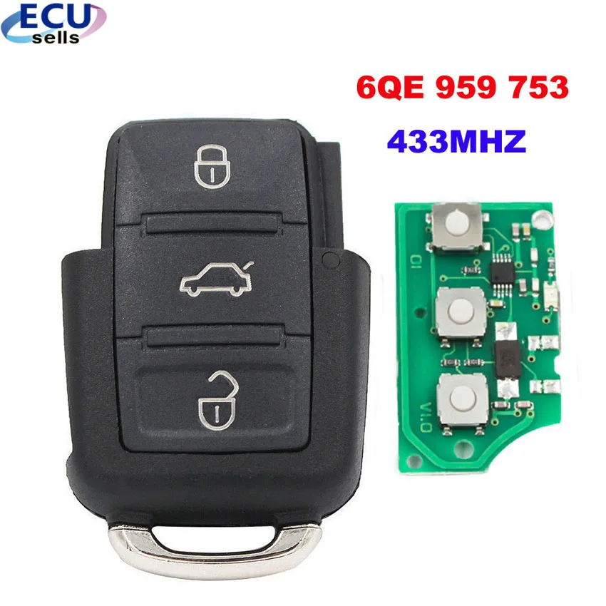 3 кнопки 433 МГц/434 МГц дистанционный ключ для ключа # 6QE 959 753 VW FOX GOL YEARS 2009 +|Ключ от