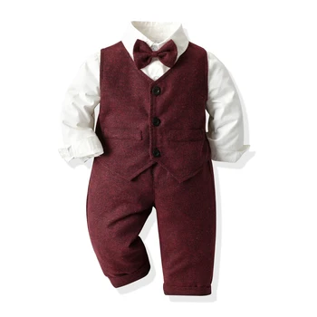

Top and Top Newborn Costume Gentleman Formal Clothes Suit Cotton Wine Red Vest Long Sleeve Tops Pants Baby Boy Clothes Set