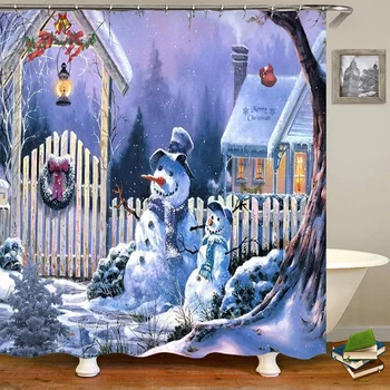 

Beautiful Winter Holiday Merry Christmas Happy Snowman Shower Curtain New Waterproof Fabric Bath Curtain