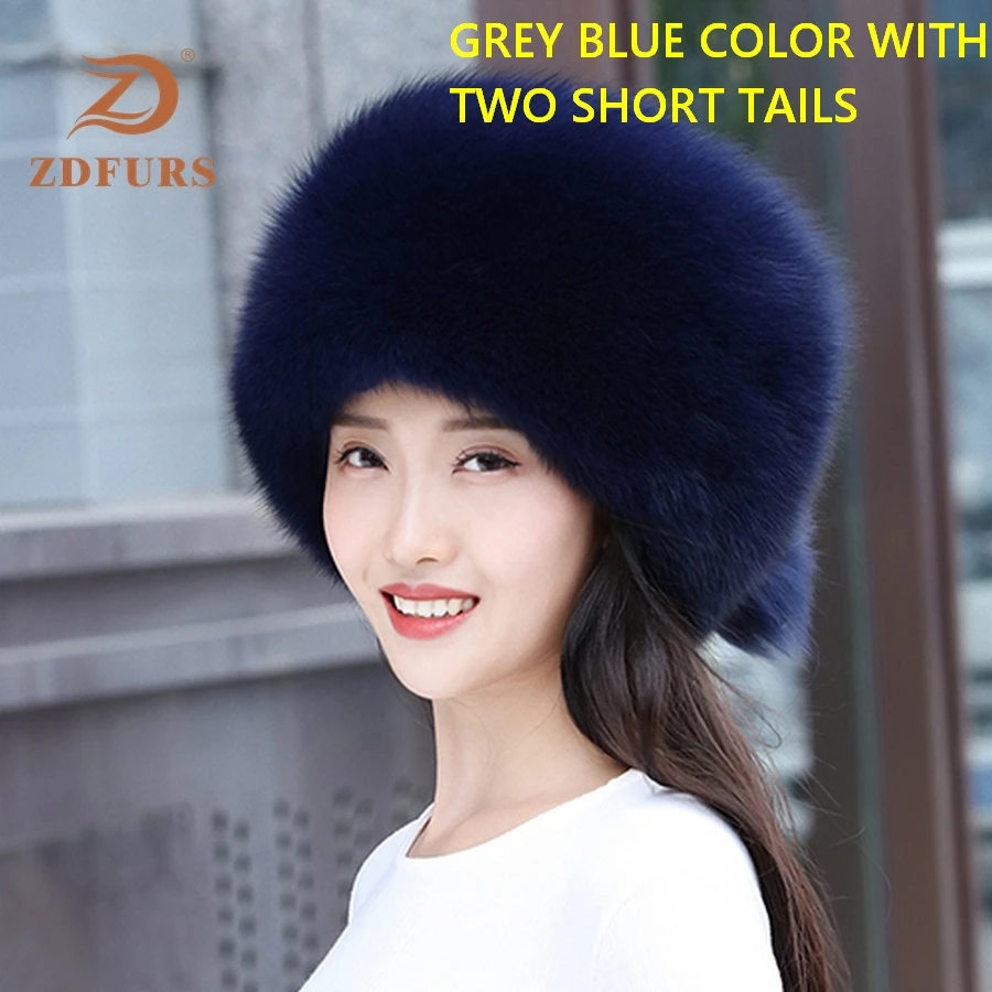 ZDFURS* Женская русская ушанка Авиатор Охотник лисий мех бомберы шапка натуральный Лисий мех шапки купол монгольская шапка - Цвет: grey blue 2 tails