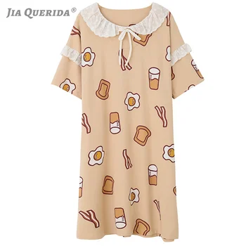 

Lady's Pajamas Nightgowns Sleepwear 100% Cotton Japanese Kawaii Style Bow Decorated Round Neck Short Sleeves Knee-length Summer