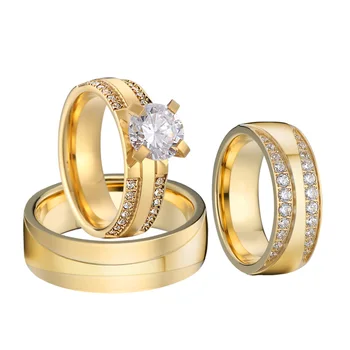 

Love Alliances 3pcs Promise cz engagement Wedding rings for couples men and women gold color bridal groom set Eco titanium