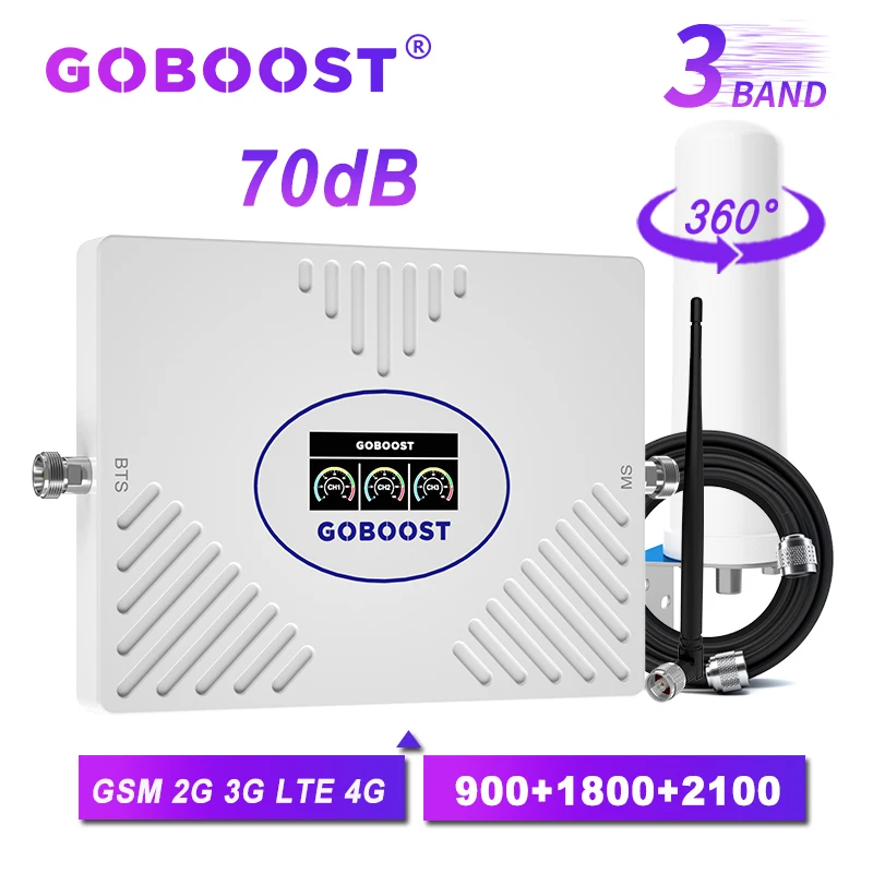 powerful dual band 900 1800mhz gsm 4g lte mobile signal booster cellular amplifier repeater GOBOOST 3 Band Mobile Phone Signal Booster GSM 900 2G 2100 4G LTE 1800 MHz Cellular Amplifier 70dB Gain Repeater Kit B8 B1 B3