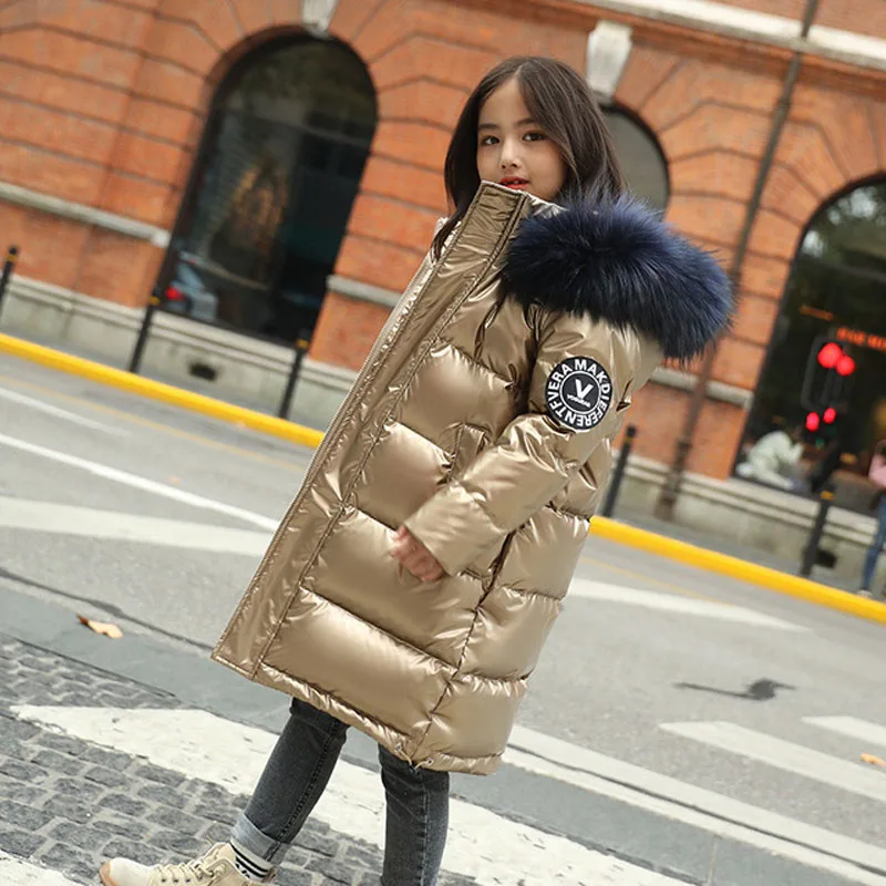 Детские Пуховые Пальто пуховое пальто с воротником из натурального меха для мальчиков и девочек детское длинное пальто из водонепроницаемого материала пуховое пальто для русской зимы для взрослых ростом от 120 до 170 см - Цвет: golden
