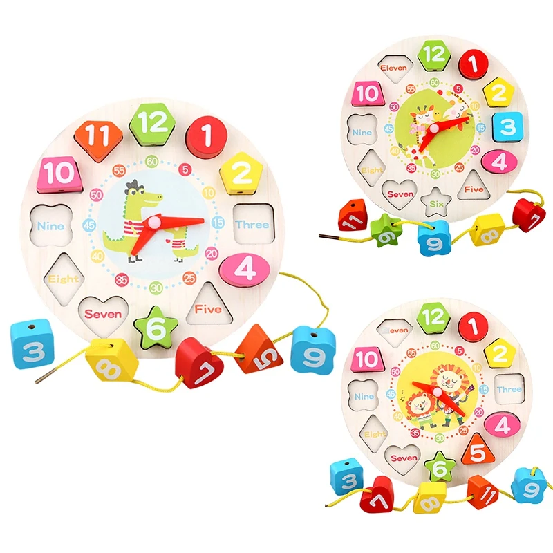  Preschool Children's Early Education Teaching Aids Math Wooden Toys Threading Digital Clock - 4000405790724