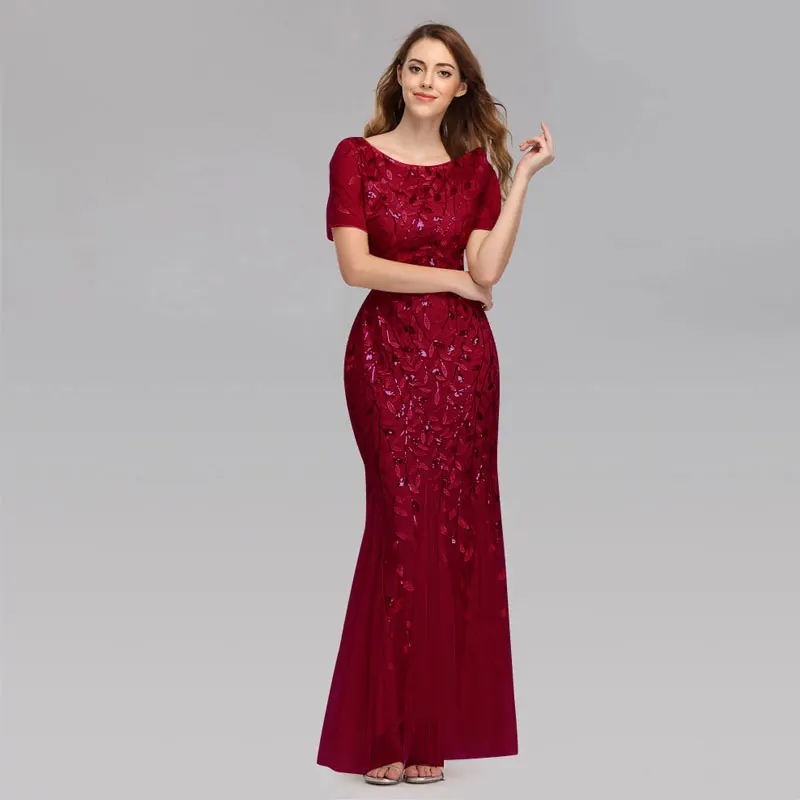 Beauty Emily O Neck Sequins Long Appliques Evening Dresses Short Sleeve Tiered Hems Prom Gowns Pleated Vestido de noche