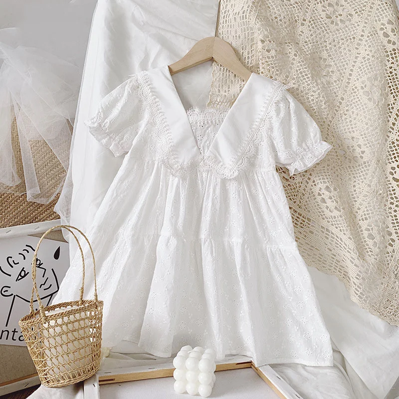 Summer Dresses Girls Fashion White Dress Kids Lace Floral Dresses Cotton Dress Children Clothing Lace Floral