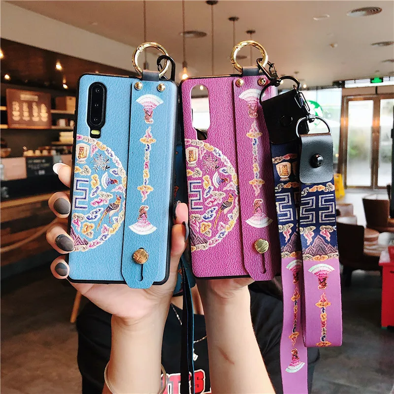 

Luxury Vintage Pattern Neck Wrist Strap Stand Soft Case for Huawei Mate 20 Pro 10 P20 P30 Lite Nova 5i 4e 3e 5 Honor 8x 9x V20