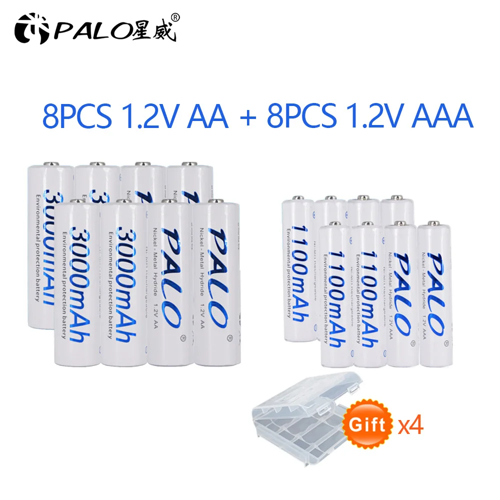 8pcs AA 8pcs AAA PALO 8 шт. AA 2A 3000mAH+ 8 шт. AAA 3A 1100mAh NI-MH NIMH NI MH аккумуляторная батарея 1,2 V 1,2 Вольт высокотоковые аккумуляторы - Цвет: 8pcs AA 8pcs AAA