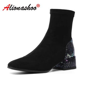 

Women Sock Boots Patchwork Ankle Boots Round Toe Hoof Heels Ladies Boots Black Beige Women Booties Botas Mujer Size 34-39
