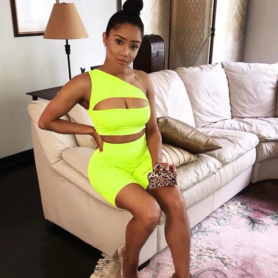 

Adyce New Summer One Shoulder Short Top& Pants Solid Bandage Two Pieces Sets Women Fashion Yellow Hollow Out Casual BodyCon Sets