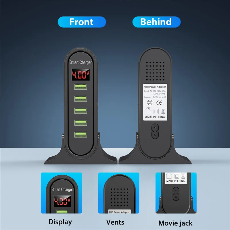 USLION 5 Port Charger HUB Multi USB Charging Station Dock Desktop Wall Home LED Display Universal New Chargers EU US_voghion.com