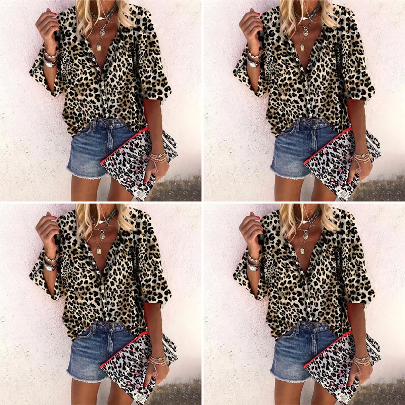 

Leopard Blouse Ladies Blouse Cocktail Summer Button Shirt Fashion Party Loose Chemisier Femme Plus Size Camisas Mujer Clothes