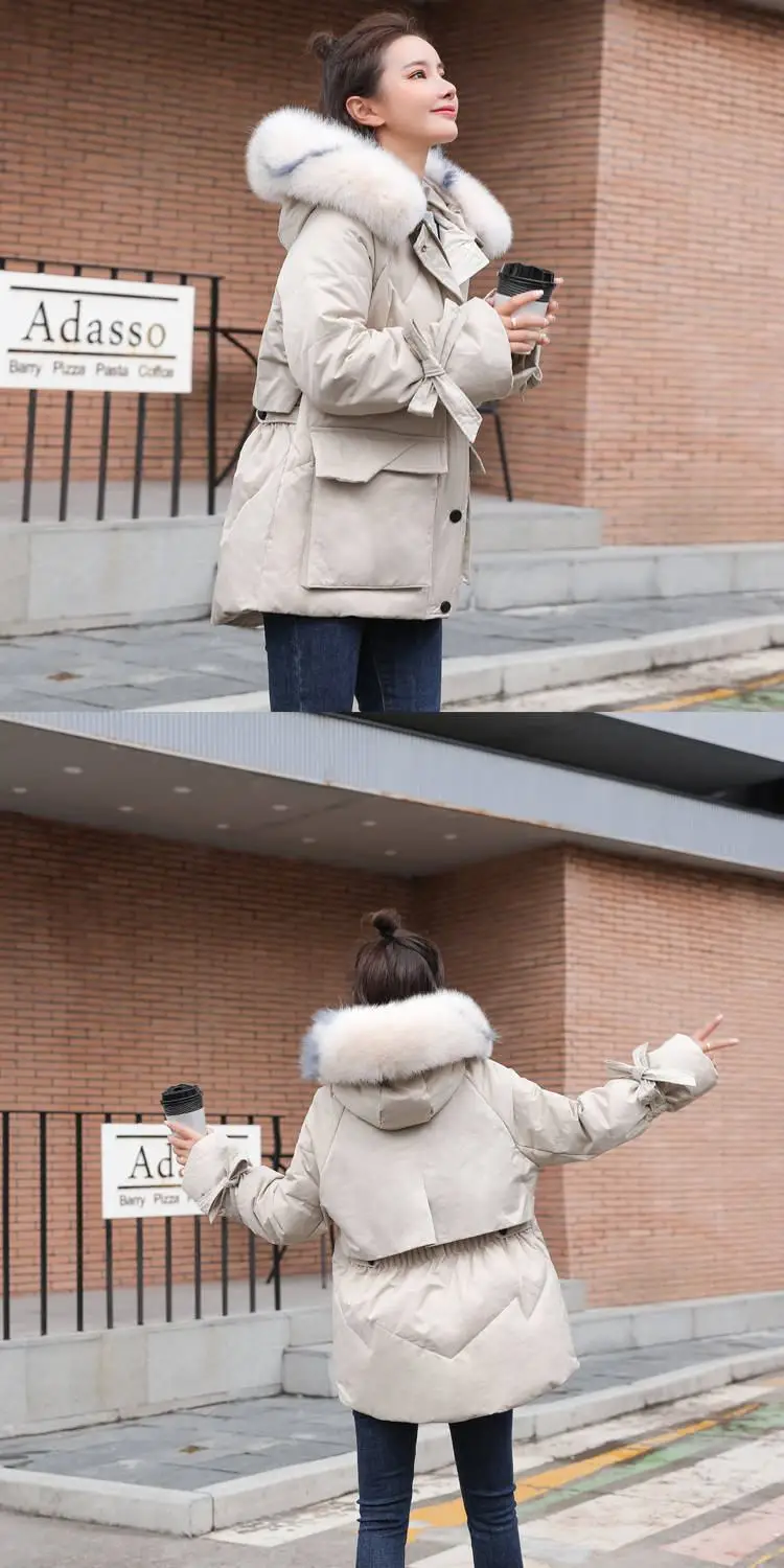 Women Winter White Duck Down Winter Jacket Big Natural Fox Fur Collar Hooded Parkas Coat Female Warm Casual OutERwear N145