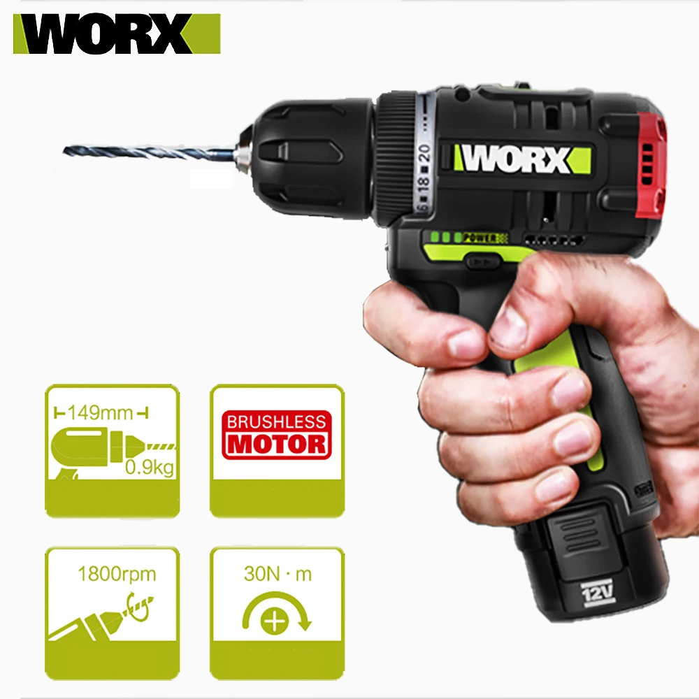 WORX WU130 Brushless Drill Electric Screwdriver 30Nm with 2.0Ah Lithium Battery and Charger Universal with WU132 Screwdriver