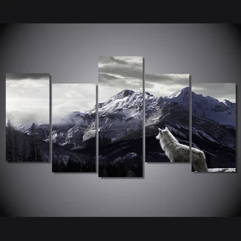 

5 Pieces Canvas Art Snow Wolf Painting Poster Modular Mountain Wall Pictures For Living Room Canvas Painting