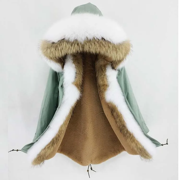 light green 2 Новинка, зимняя женская куртка, натуральный мех енота, воротник из лисьего меха, капюшон, Толстая теплая верхняя одежда, пальто из натурального меха, длинная парка - Цвет: light green 2