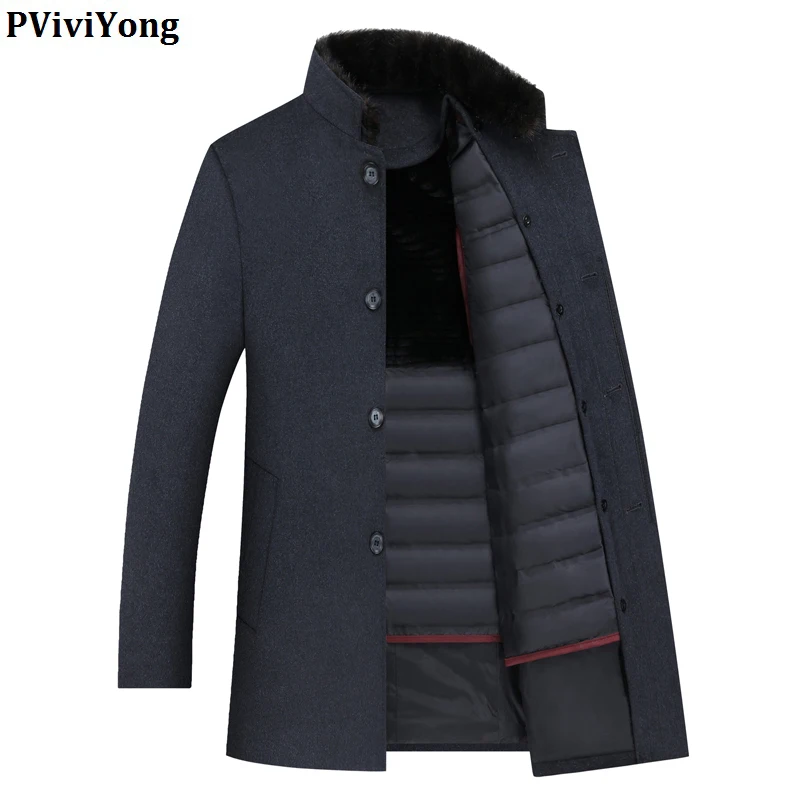 PViviYong, зимнее шерстяное пальто высокого качества, мужской пуховик, куртка с меховым воротником, Мужская парка 8866 - Цвет: Темно-серый