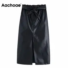 Женская черная юбка с галстуком-бабочкой из искусственной кожи, эластичная юбка с высокой талией, элегантные женские офисные юбки миди с разрезом спереди и пуговицами, юбка из искусственной кожи