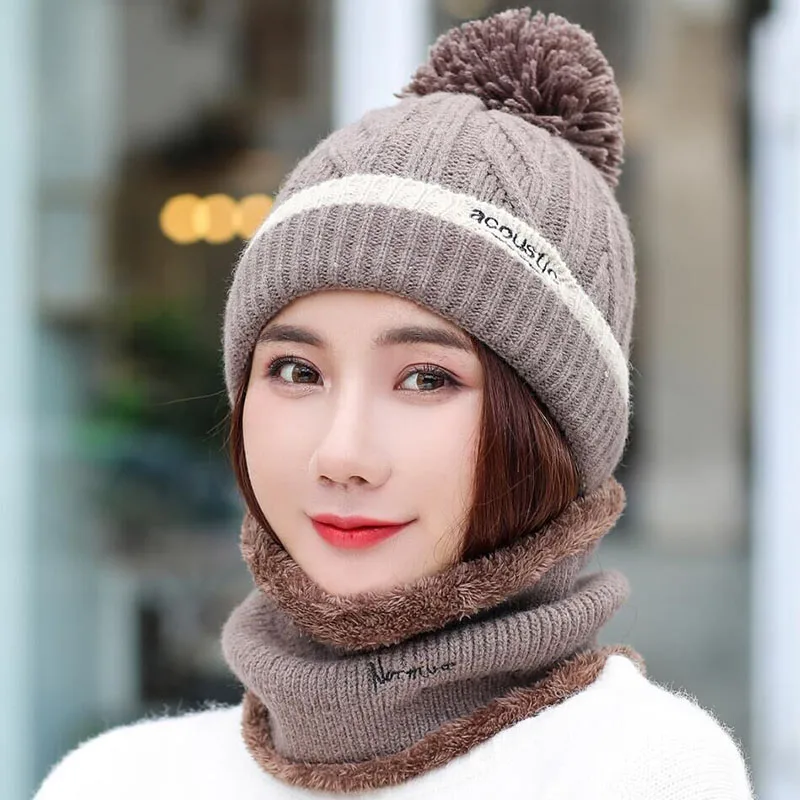 Зимняя женская шапка шапки вязаный шерстяной Теплый шарф толстый ветронепроницаемый подшлемник Мульти Функциональная шапка шарф Набор для женщин