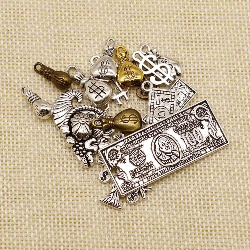 

15 шт., кошелек с изображением доллара, американского доллара, рог изобилия, произвольные Смешанные Подвески без обозначения, подвески, товары для самостоятельного изготовления ювелирных изделий