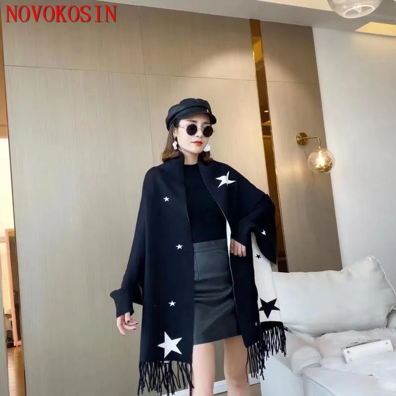 7 Color Oversize Black With White Scarf Winter Knitted Poncho Women Stars Streetwear Cape Female Batwing Sleeves Warm Shawl Coat 2022 oversize cloak winter faux fur collar women plaid designer poncho female batwing sleeves warm loose street coat