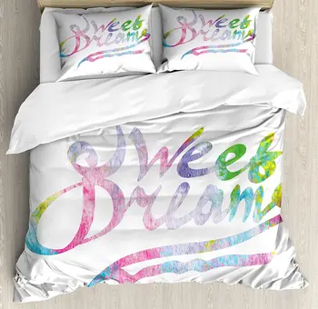 

Sweet Dreams Duvet Cover Set Colorful Motivational Quote in Watercolor Style Fantasy Happiness Youth Themes Bedding Set
