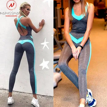 

Women Sports Jumpsuits Color Matching Design Cross Strap Hollow Out Decor Sleeveless Backless High Waist Slim Hips Jumpsuits