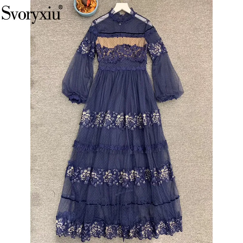 

Svoryxiu Designer Custom Autumn Mesh Embroidery Blue Long Dress Women's Puff Sleeve Flocking Polka Dot Elegant Party Dresses