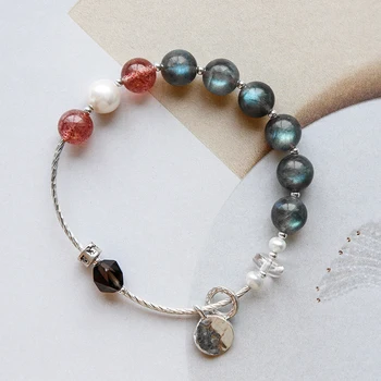 

Flulin natural black grey Moonstone Bracelet lengthening Moonstone large beads silver bracelet ring women's Wang exam