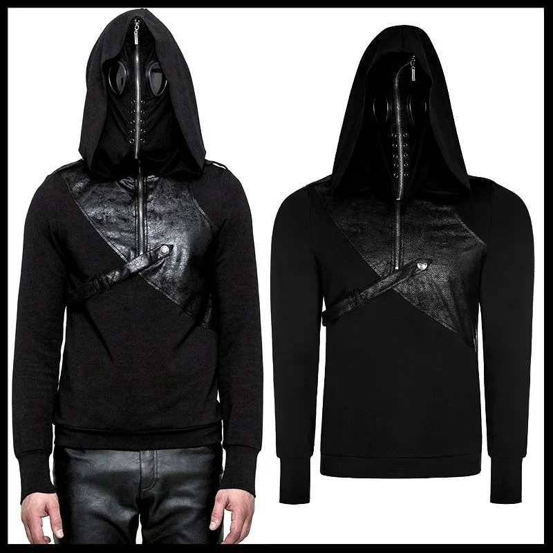 PUNK RAVE Heren Hooded Hoodies Steampunk Rock Dubbele Hoeden Hooded Trui Masker Kap Katoen Hoodies met PU Lederen Riemen Hip hop PUNK RAVE Heren Hooded Hoodies Steampunk Rock Dubbele Hoeden Hooded Trui Masker Kap Katoen Hoodies met PU Lederen Riemen Hip hop