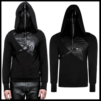 

PUNK RAVE Mens Hooded Hoodies Steampunk Rock Double Hats Hooded Pullover Mask Hood Cotton Hoodies with PU Leather Belts Hip Hop