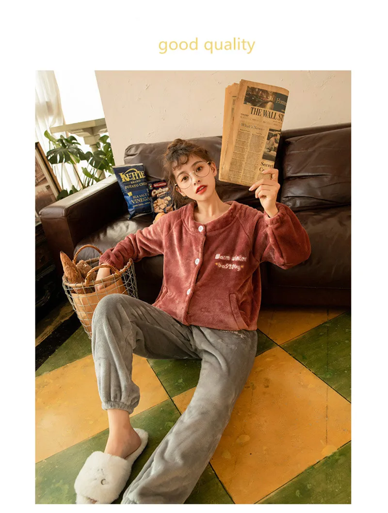 JULY'S SONG Women Pajama Sets Flannel Winter Pajamas Long Sleeve Full Trousers Simple Casual Warm Flannel Thick Homewear Suit