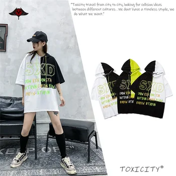 

2020 Hip Hop Alphabet Oversize Graphic Hooded Tees Women Streetwear Boyfriend Gift Lover Fluorescent Green T Shirt Men Tops