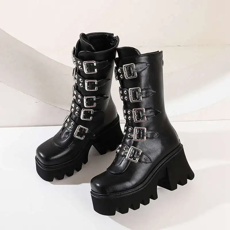 Botas altas de invierno con hebilla para mujer, zapatos de tacón de bloque de cuero, estilo gótico, Punk, con plataforma, Sexy