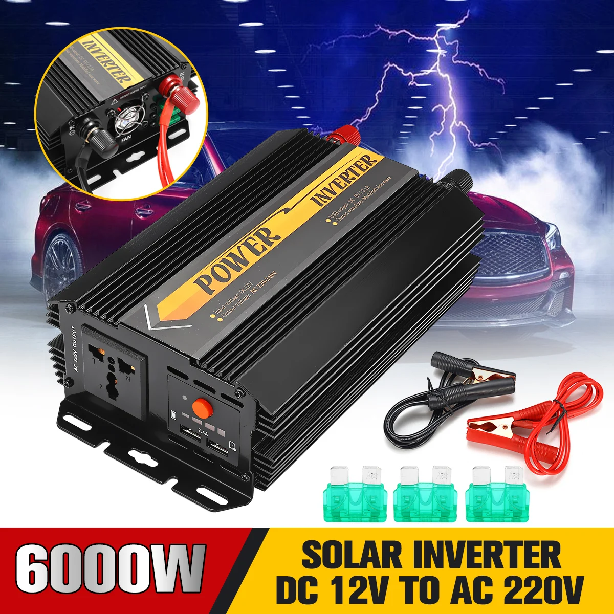 

Dual USB Max 6000 Watts 3000W Power Inverter DC 12 V to AC 220 Volt Car Adapter Charge Converter Modified Sine Wave Transformer