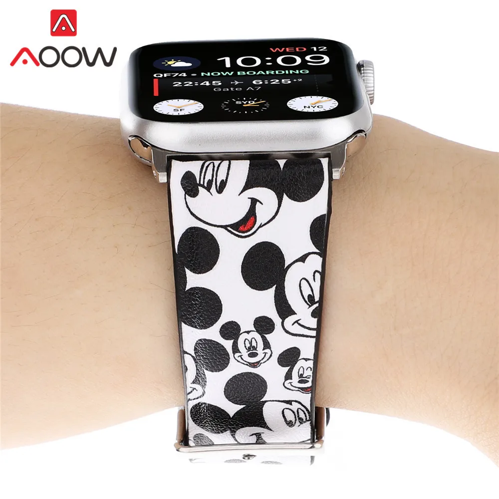 Мультфильм кожаный ремешок для наручных часов Apple Watch 38 мм, 42 мм, 40 мм 44 Микки рисунок «Hello Kitty», сменный ремешок для наручных часов, ремешок