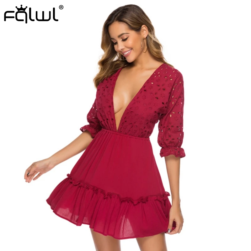 FQLWL Hollow Out Mesh Summer Beach Casual Dress Women N Neck Ruffles Pleated Sexy Mini Dress White Red Black Bandage Short Dress