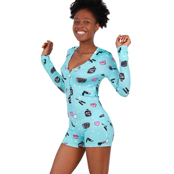 

Summer Womens Cute Cartoon Printed Long Sleeve Sleepwear Adult Knitted Pajamas Rompers