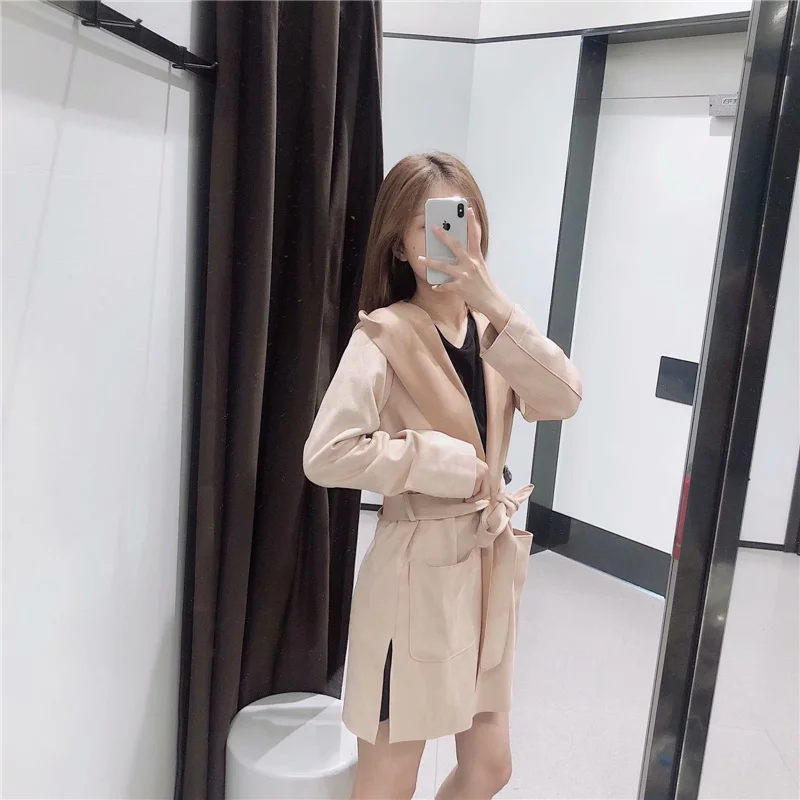 OMIKRON New Loose Warm Wool Blends Long Winter Hooded Coat Adjustable Belt Wool Coats Women Office Work Wear Elegant Outerwear
