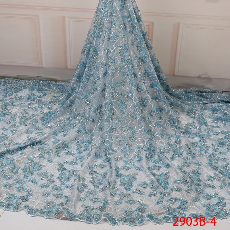 Fashion African Lace Fabric High Quality Lilac Lace Nigerian Lace Fabric 2019 High Quality Lace With Beaded 5yards QF2903B-1