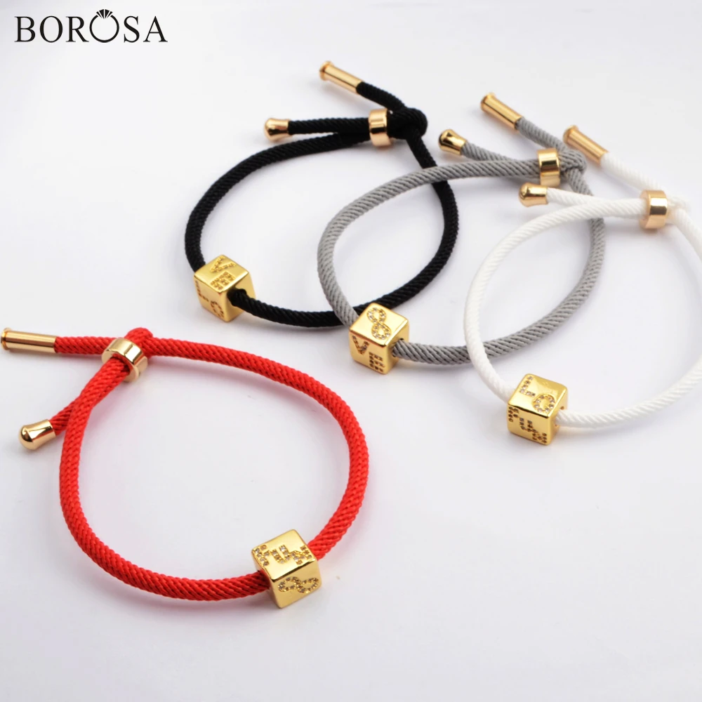

BOROSA Gold Metal Beads Bracelet Square CZ Micro Pave Metal Beads Couple Bracelet Adjustable Charm Bracelet for Women WX1337-B